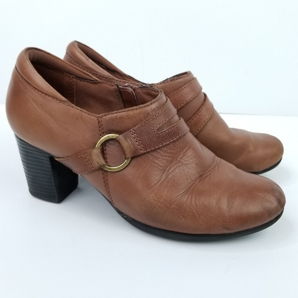 Clarks Bendables Womens 8.5M Brown Leather Zip Up Low Top Chunk Heel Booties